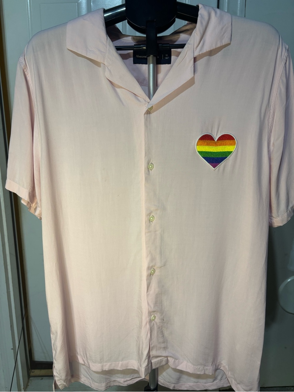Abercrombie & Fitch Light Pink Short-Sleeve Button-Down with Rainbow Heart Patch